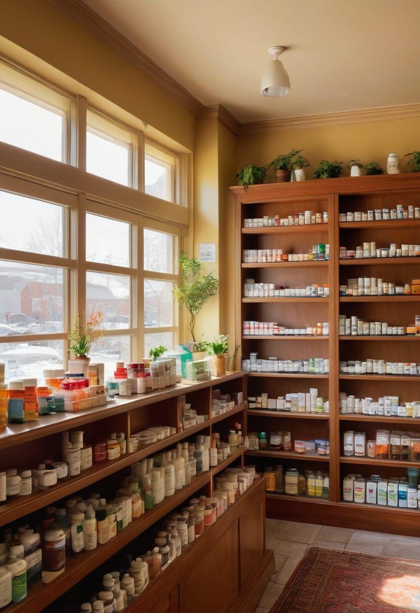 A cozy local drugstore filled with shelves of colorful medications and wellness products, showcasing a friendly pharmacist assisting a diverse family. The scene conveys warmth and community care, with natural light streaming through the windows. Include small potted plants for a touch of life and warmth. super-realistic. warm colors. inviting atmosphere.