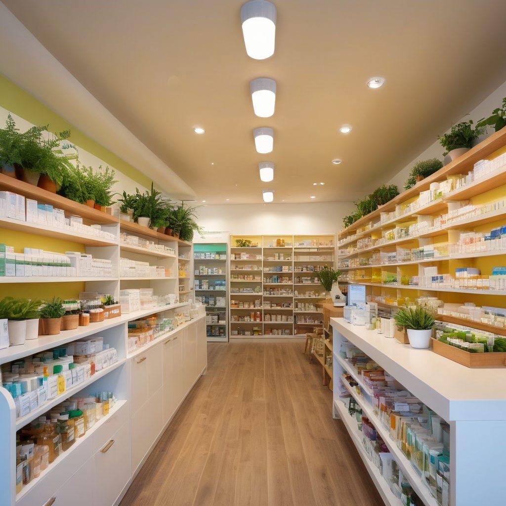 A warm, inviting community pharmacy interior, with a friendly pharmacist assisting a diverse group of customers. Shelves filled with colorful health products and plants bringing life to the space. Soft lighting and a sense of connection enhance the nurturing atmosphere. People engaging, sharing smiles and support, depicting the pharmacy as a pivotal part of their well-being journey. cozy and vibrant. super-realistic.