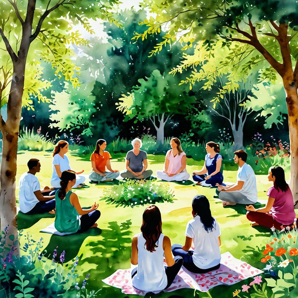 A serene community gathering in a lush green park, featuring diverse people in a circle sharing stories and laughter, surrounded by healing herbs and colorful flowers. Soft sunlight filters through the trees, creating a warm and inviting atmosphere. Incorporate elements of therapeutic activities like meditation and art therapy, symbolizing compassion and connection. watercolor. vibrant colors. calming atmosphere.
